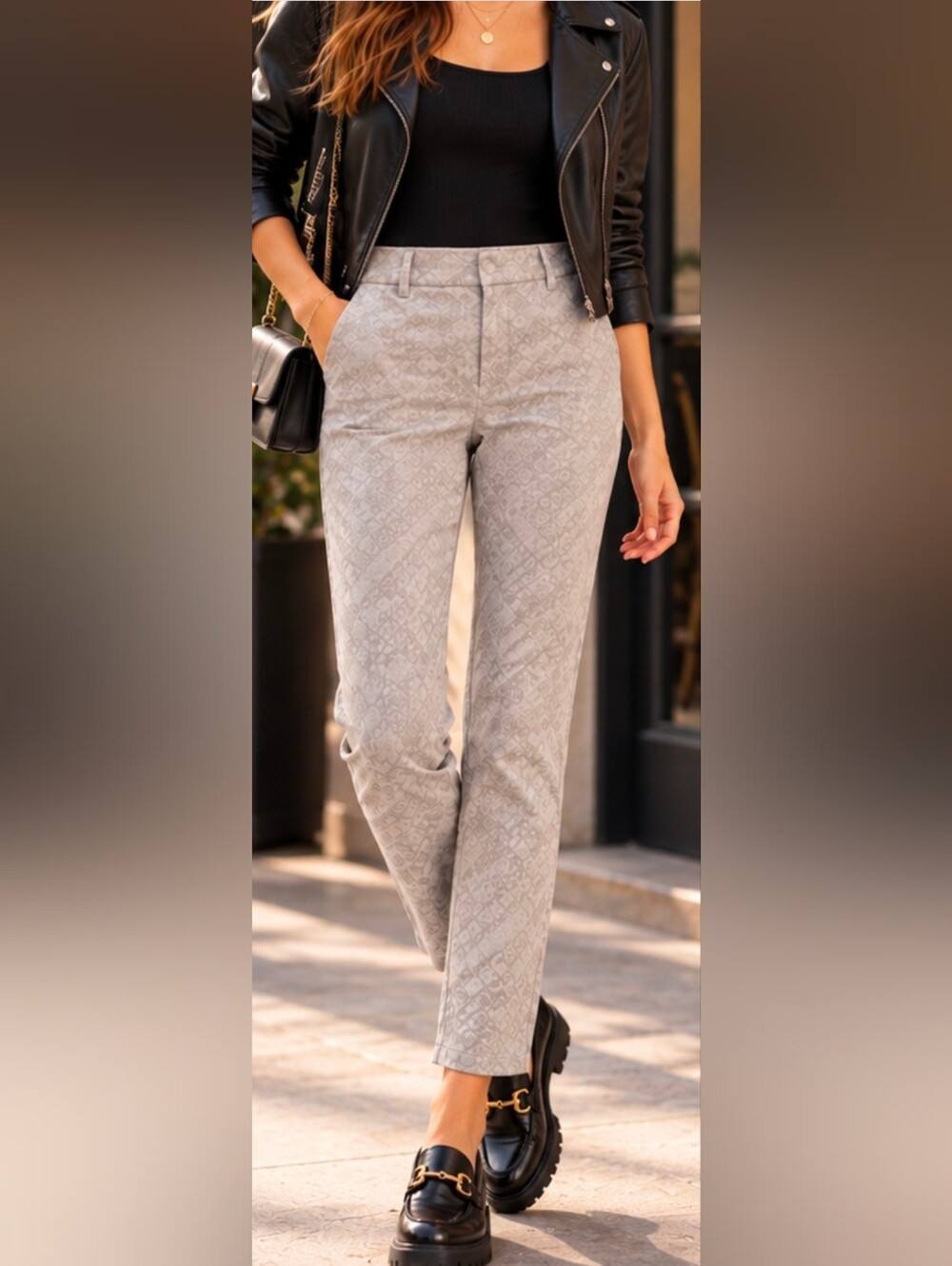 OVS Women's Gray Jacquard Geometric Slim Ankle Pants Size 40
